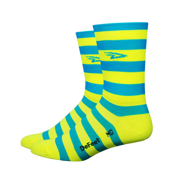 Defeet aireator high top fietssok stripers blauw geel