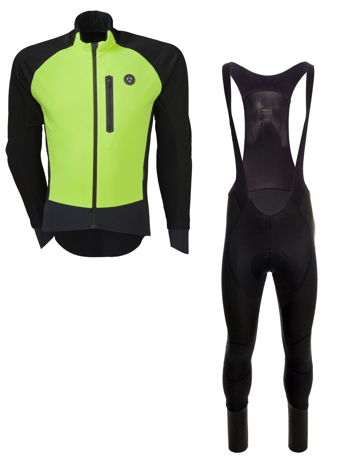 Agu pro winter softshell veste de cyclisme jaune fluorescent + Agu pro winter wind DWR cuissard long à bretelles noir set